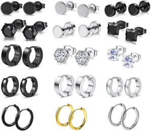 15 Pairs Black Earrings for Men,Stainless Steel Aretes de Hombre Mens Earrings Stud Set Aretes Para Hombre Male Earrings hoop Surgical Steel Ear Rings for Men Earrings Hypoallergenic