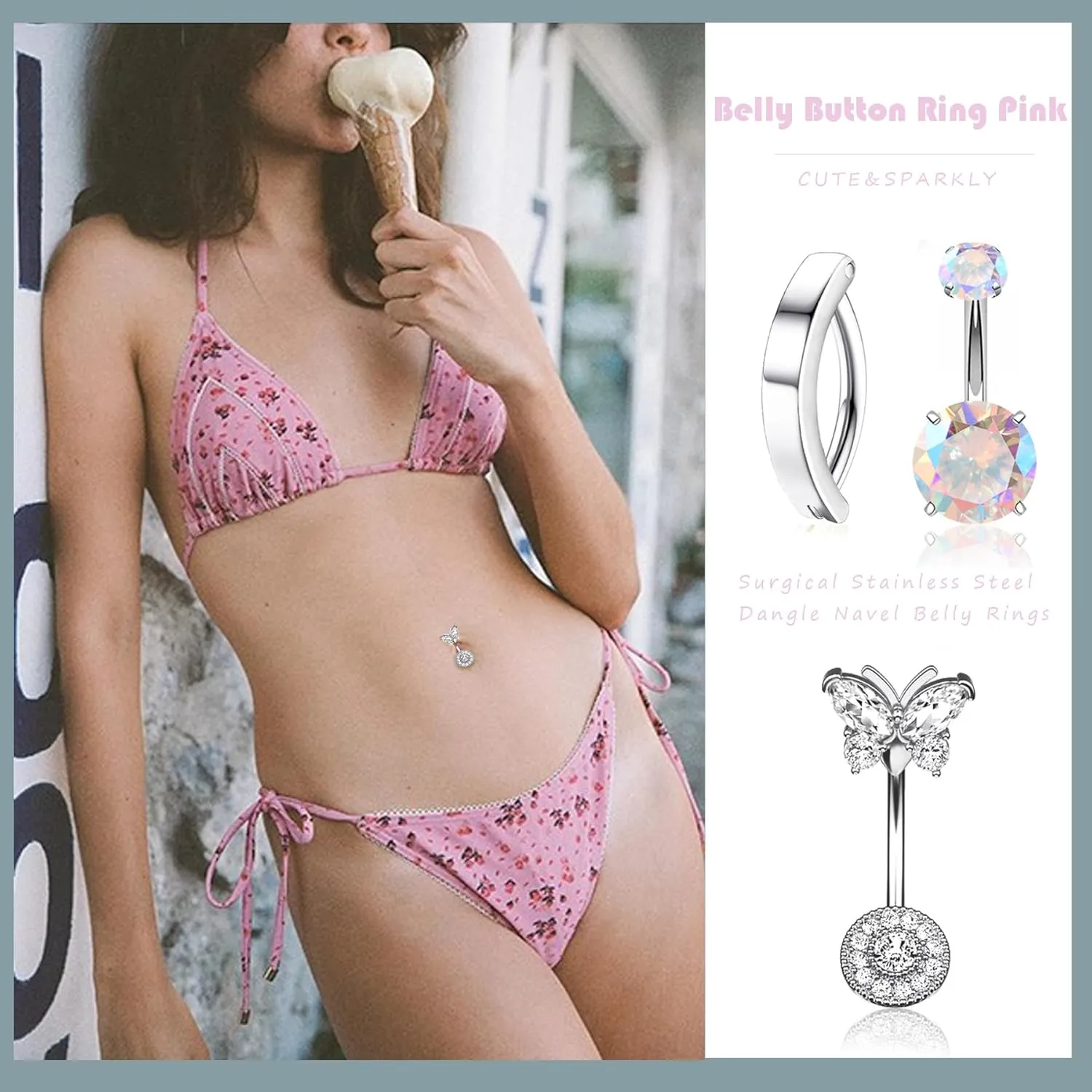15Pcs Pink Heart Belly Button Ring Piercing 14G Surgical Stainless Steel Navel Piercing Jewelry CZ Opal Pearl Butterfly Clicker Belly Button Rings for Women Gold/Silver