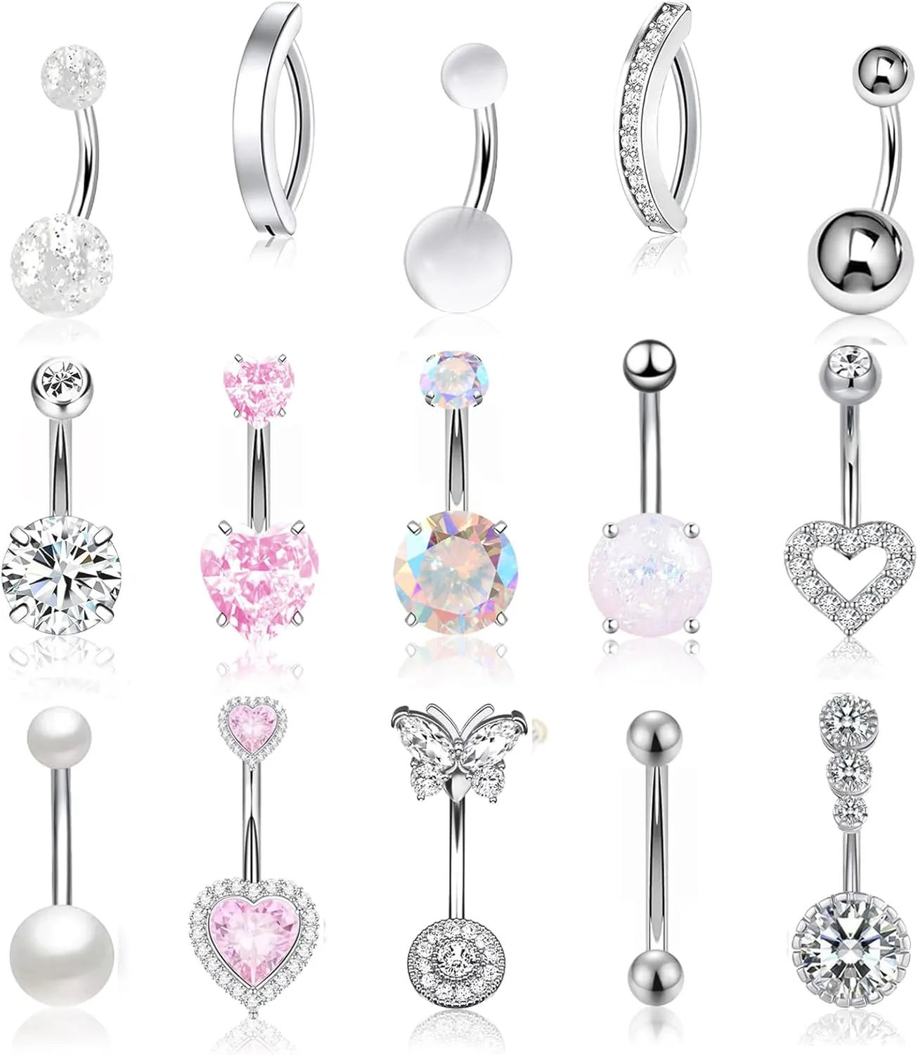 15Pcs Pink Heart Belly Button Ring Piercing 14G Surgical Stainless Steel Navel Piercing Jewelry CZ Opal Pearl Butterfly Clicker Belly Button Rings for Women Gold/Silver