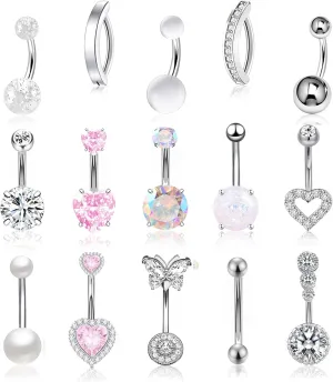 15Pcs Pink Heart Belly Button Ring Piercing 14G Surgical Stainless Steel Navel Piercing Jewelry CZ Opal Pearl Butterfly Clicker Belly Button Rings for Women Gold/Silver