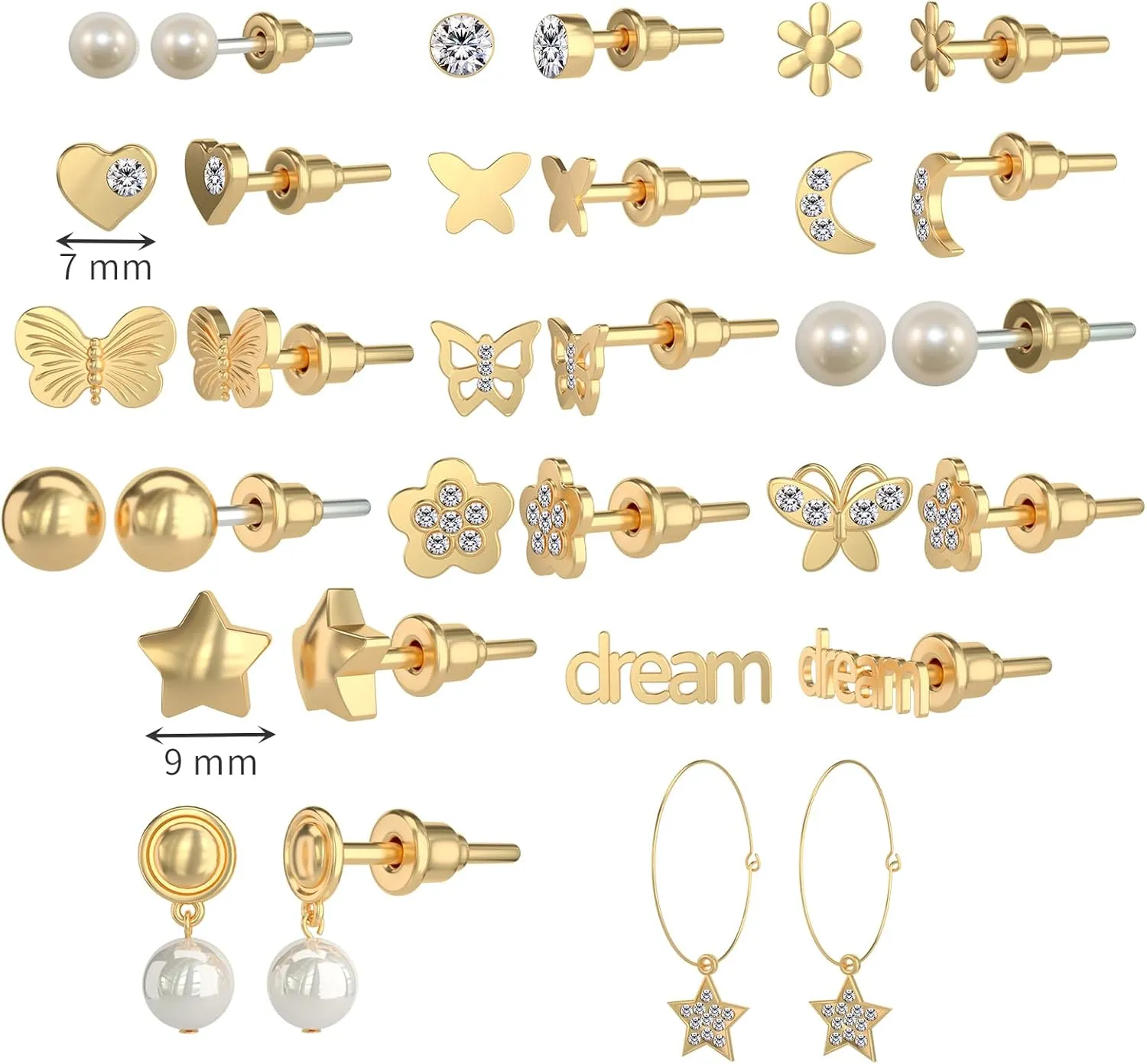 16 Pairs Small Stud Earrings for Women, Fashion Cubic Zirconia Butterfly Earrings Packs Piercings
