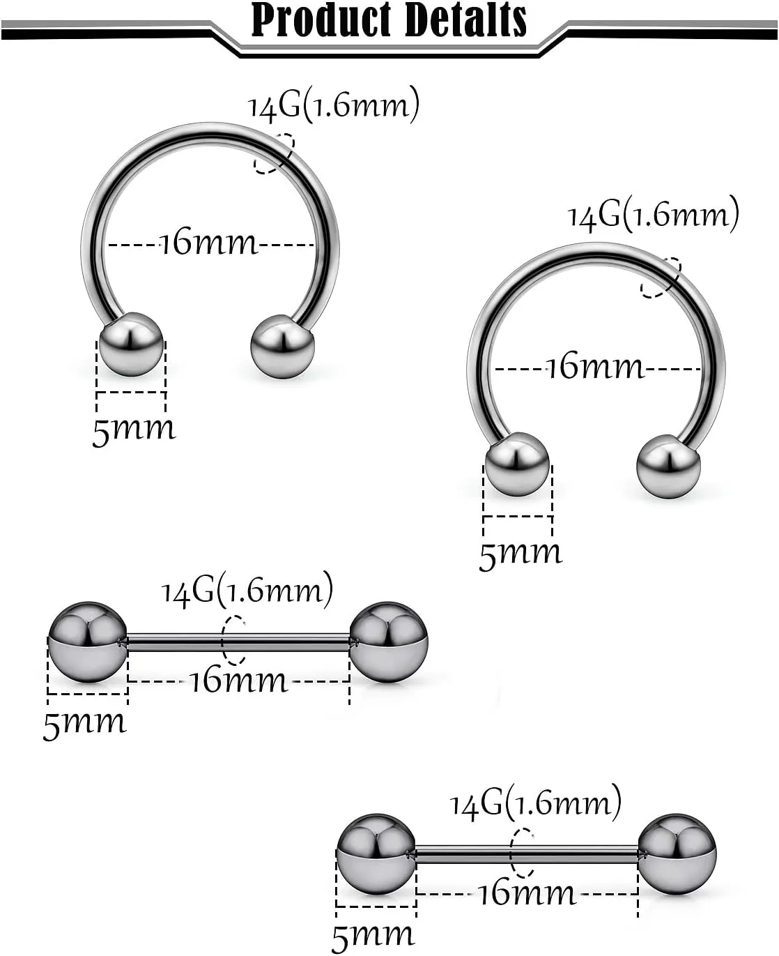 16G 14G G23 Titanium Nipple Piercing Jewelry Tongue Rings Hypoallergenic Horseshoe Captive Bead Tongue Nipple Ring Nipplerings Barbells Hoops Rings Piercing Jewelry for Women Men 14MM 3 Pairs
