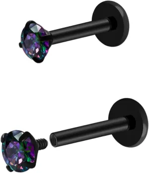 16G 18G Titanium Internal Thread CZ Stud Earrings Flat Back, Silver Black Tragus Helix Conch Cartilage Piercing Jewelry for Women Men 6mm 8mm 10mm Labret Studs 2PCS