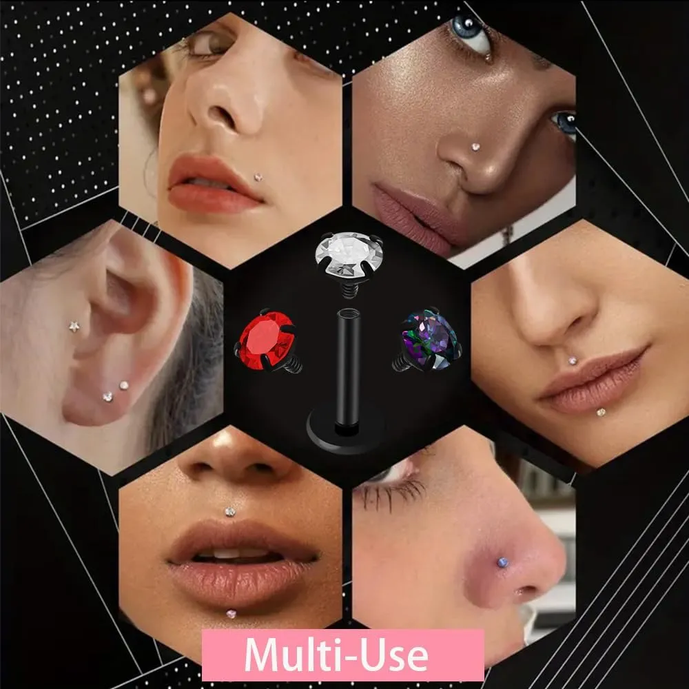 16G 18G Titanium Internal Thread CZ Stud Earrings Flat Back, Silver Black Tragus Helix Conch Cartilage Piercing Jewelry for Women Men 6mm 8mm 10mm Labret Studs 2PCS