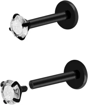 16G 18G Titanium Internal Thread CZ Stud Earrings Flat Back, Silver Black Tragus Helix Conch Cartilage Piercing Jewelry for Women Men 6mm 8mm 10mm Labret Studs 2PCS