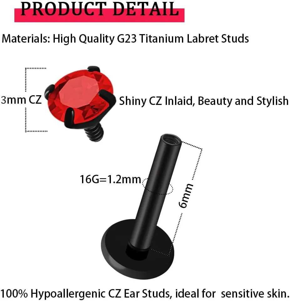 16G 18G Titanium Internal Thread CZ Stud Earrings Flat Back, Silver Black Tragus Helix Conch Cartilage Piercing Jewelry for Women Men 6mm 8mm 10mm Labret Studs 2PCS