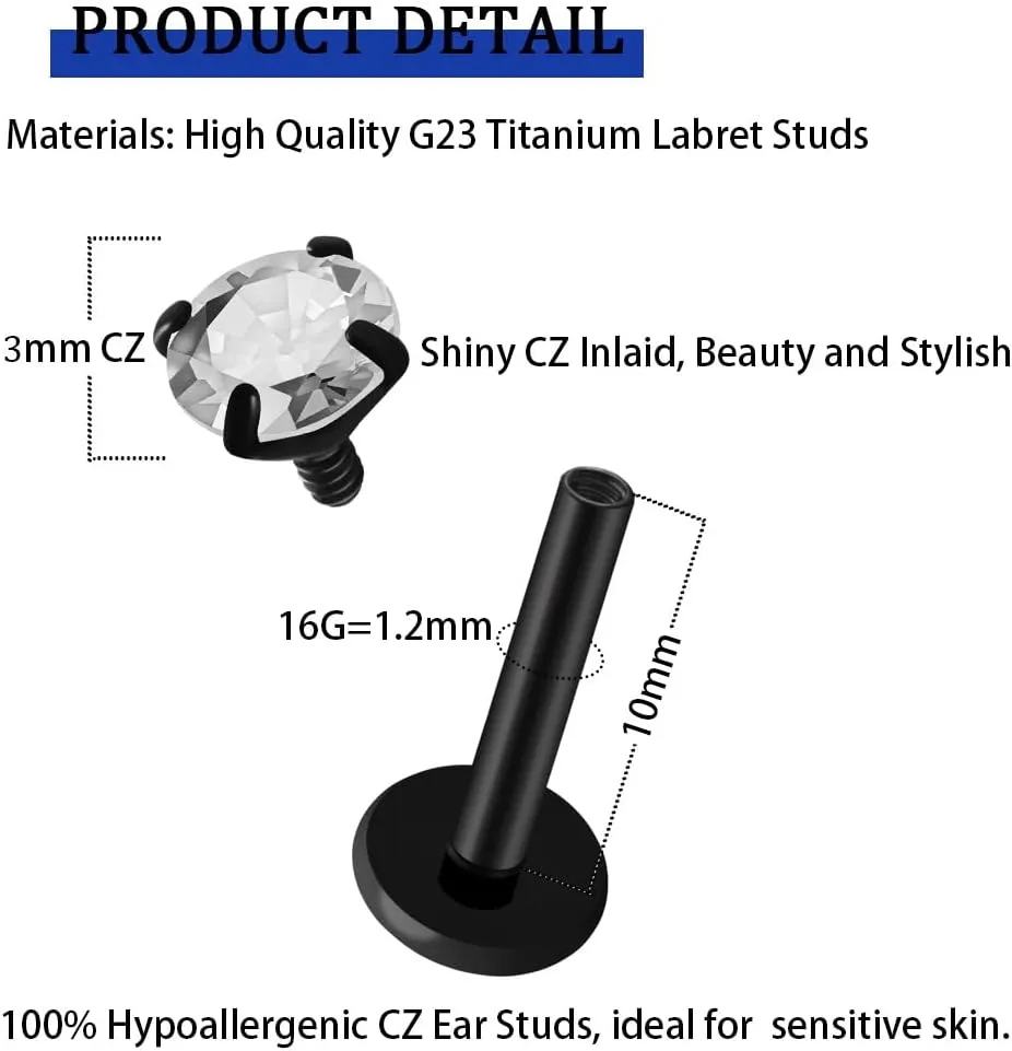 16G 18G Titanium Internal Thread CZ Stud Earrings Flat Back, Silver Black Tragus Helix Conch Cartilage Piercing Jewelry for Women Men 6mm 8mm 10mm Labret Studs 2PCS