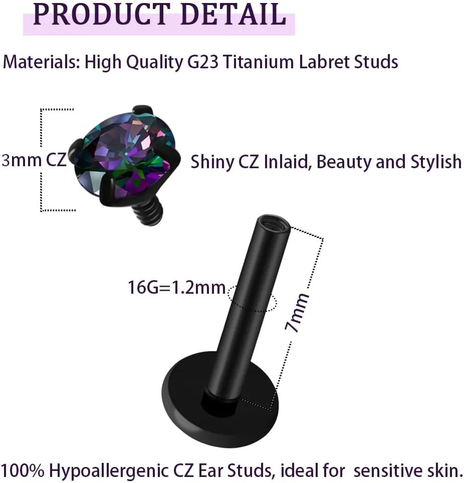 16G 18G Titanium Internal Thread CZ Stud Earrings Flat Back, Silver Black Tragus Helix Conch Cartilage Piercing Jewelry for Women Men 6mm 8mm 10mm Labret Studs 2PCS