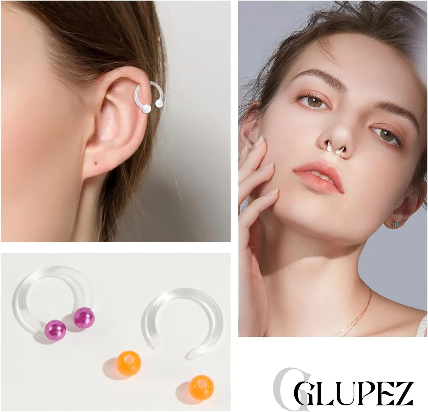 16G 20G Nose Septum Rings Acrylic Nose Nostril Hinged Hoop Ring Flexible Nose Rings Retainer Earring Clicker Helix Cartilage Piercing Jewelry for Women Men 8MM 10MM