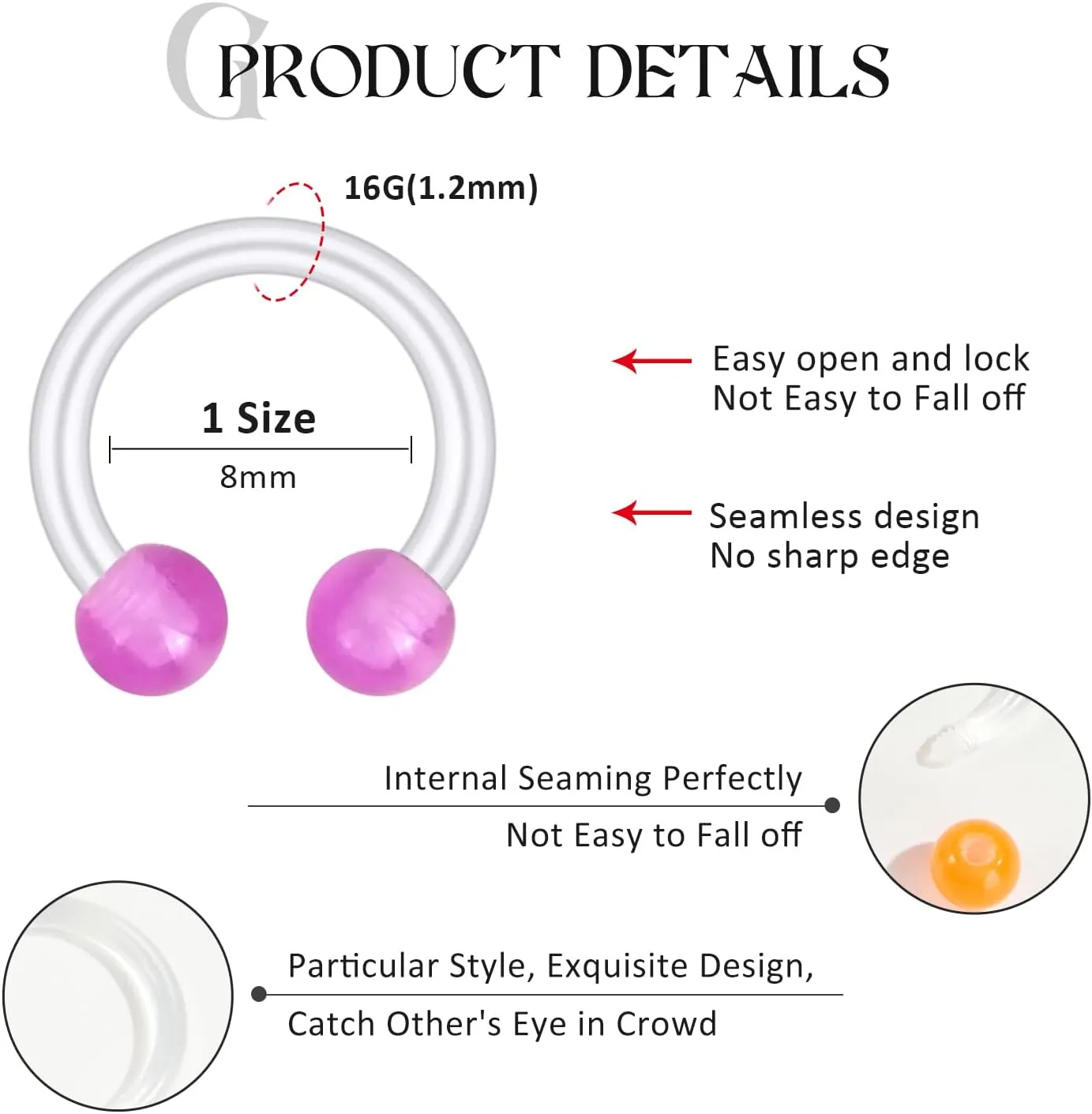 16G 20G Nose Septum Rings Acrylic Nose Nostril Hinged Hoop Ring Flexible Nose Rings Retainer Earring Clicker Helix Cartilage Piercing Jewelry for Women Men 8MM 10MM