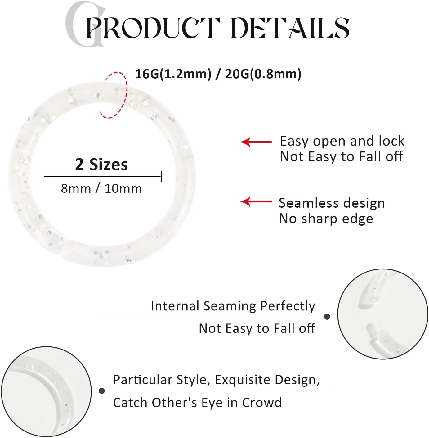 16G 20G Nose Septum Rings Acrylic Nose Nostril Hinged Hoop Ring Flexible Nose Rings Retainer Earring Clicker Helix Cartilage Piercing Jewelry for Women Men 8MM 10MM