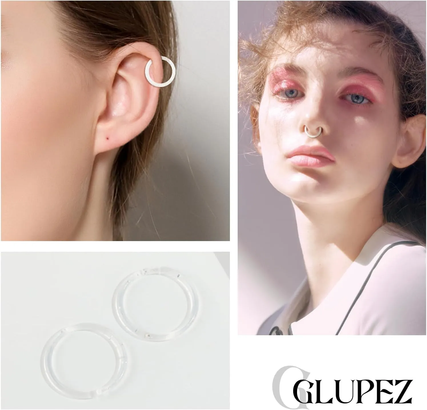 16G 20G Nose Septum Rings Acrylic Nose Nostril Hinged Hoop Ring Flexible Nose Rings Retainer Earring Clicker Helix Cartilage Piercing Jewelry for Women Men 8MM 10MM