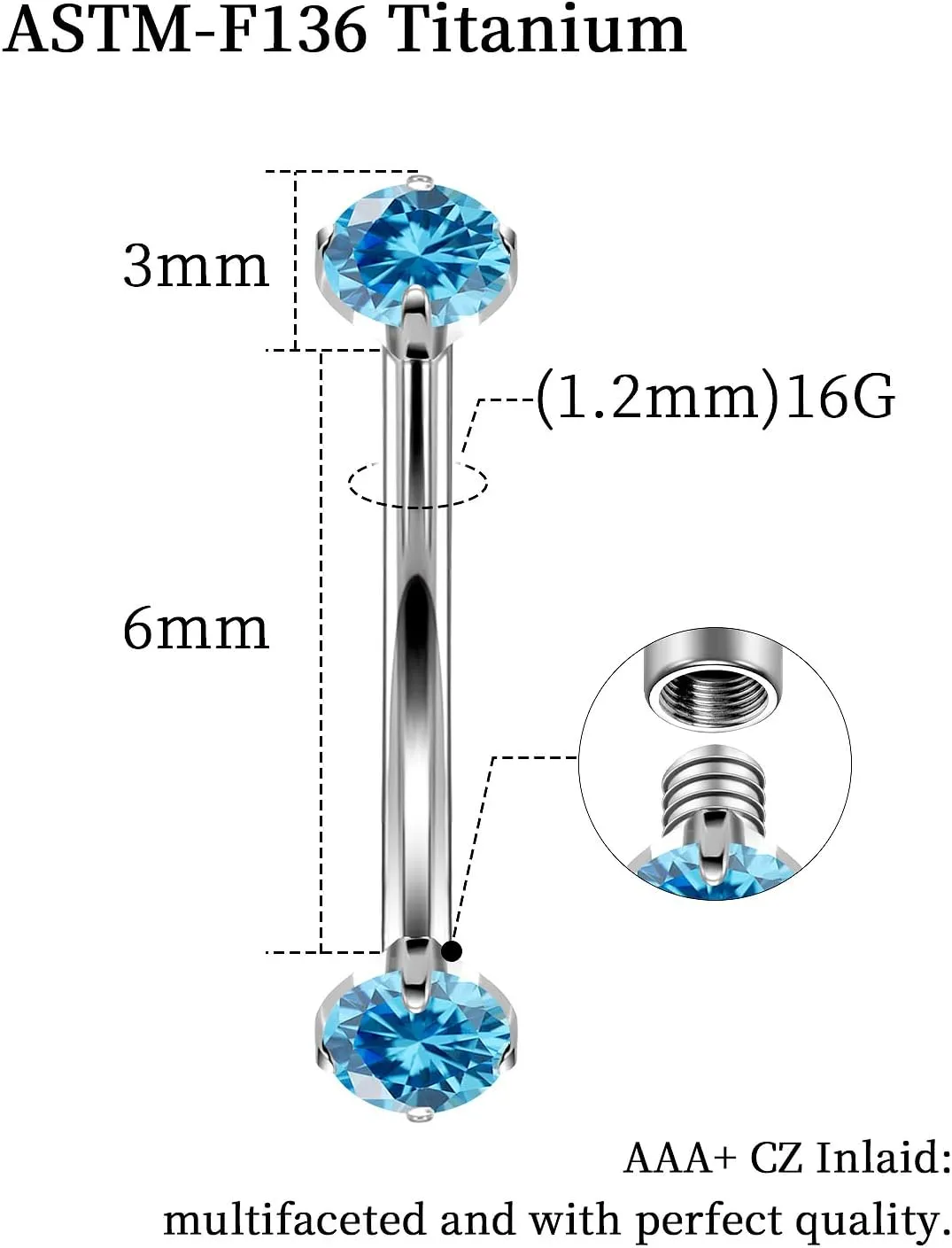 16G Astm F136 Titanium Eyebrow Piercing Jewelry Curved Barbell Eyebrow Ring Vertical Labret Lip Jewelry Daith Rook Earrings Navel Small Belly Button Ring Piercing Jewelry for Women Men CZ