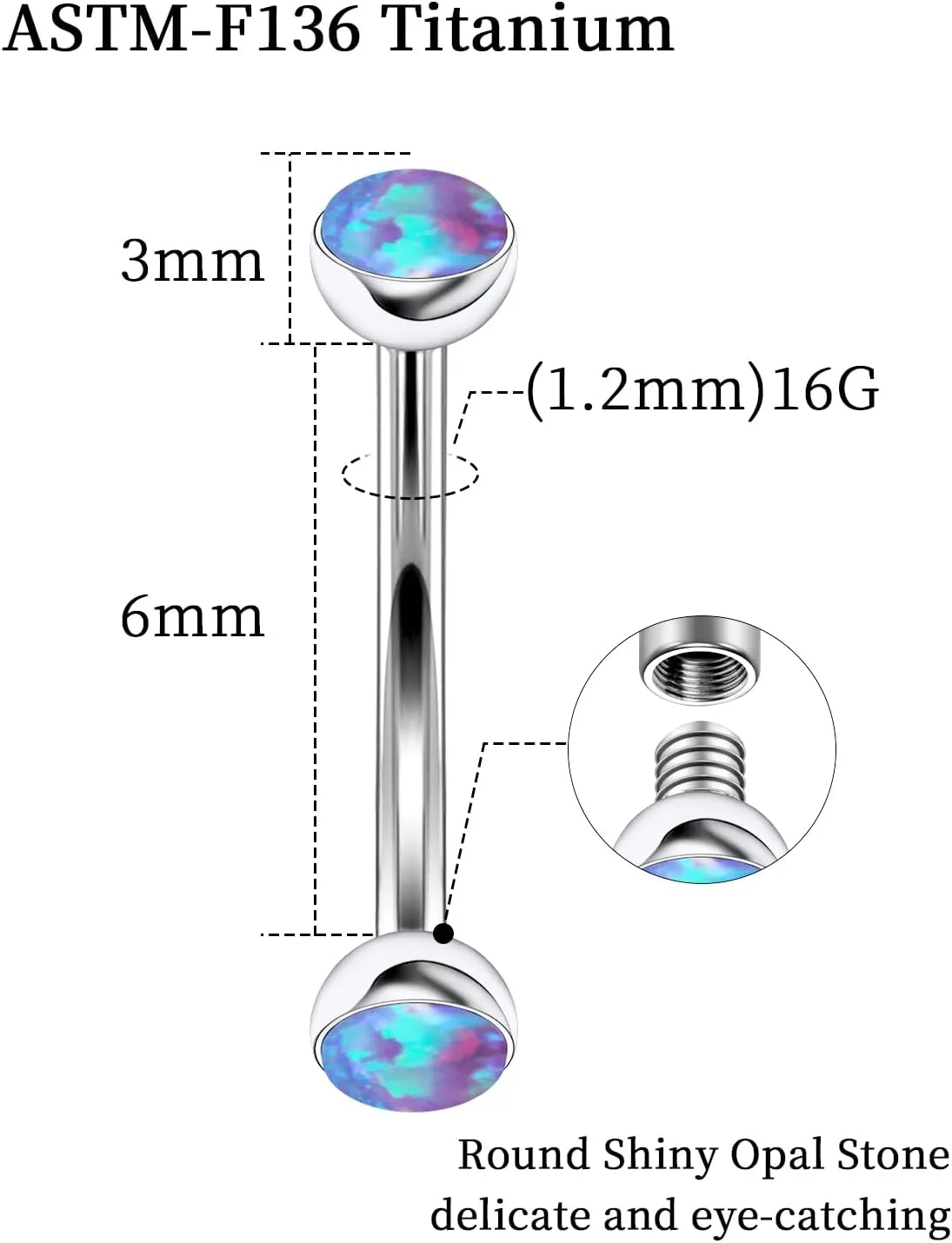 16G Astm F136 Titanium Eyebrow Piercing Jewelry Curved Barbell Eyebrow Ring Vertical Labret Lip Jewelry Daith Rook Earrings Navel Small Belly Button Ring Piercing Jewelry for Women Men Opal