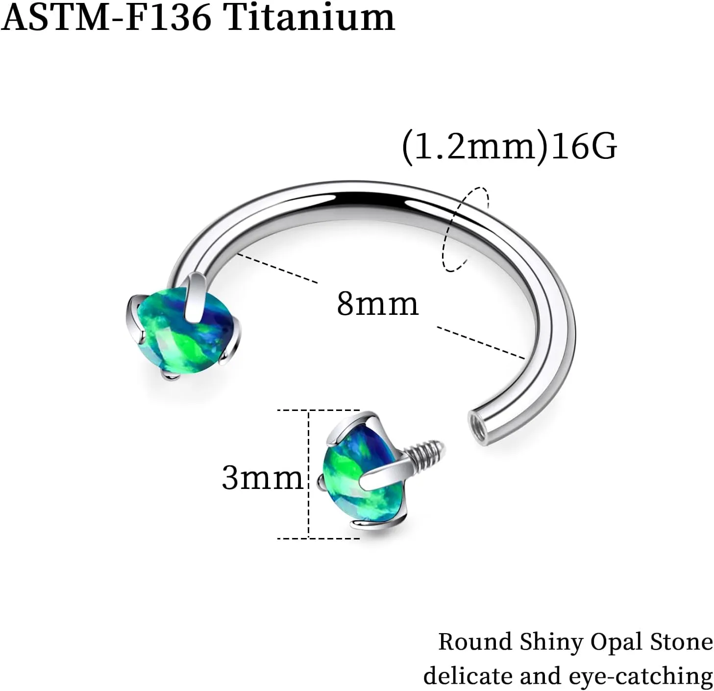 16G F136 Titanium Internal Thread Horseshoe Septum Nose Ring Piercing Jewelry Circular Barbell Helix Snug Tragus Rook Daith Cartilage Earring Lip Ring Piercing Jewelry for Women Men Opal