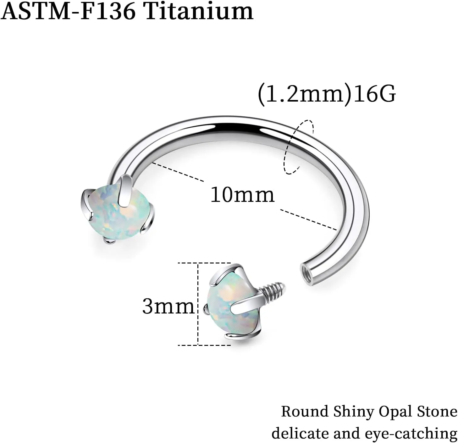 16G F136 Titanium Internal Thread Horseshoe Septum Nose Ring Piercing Jewelry Circular Barbell Helix Snug Tragus Rook Daith Cartilage Earring Lip Ring Piercing Jewelry for Women Men Opal