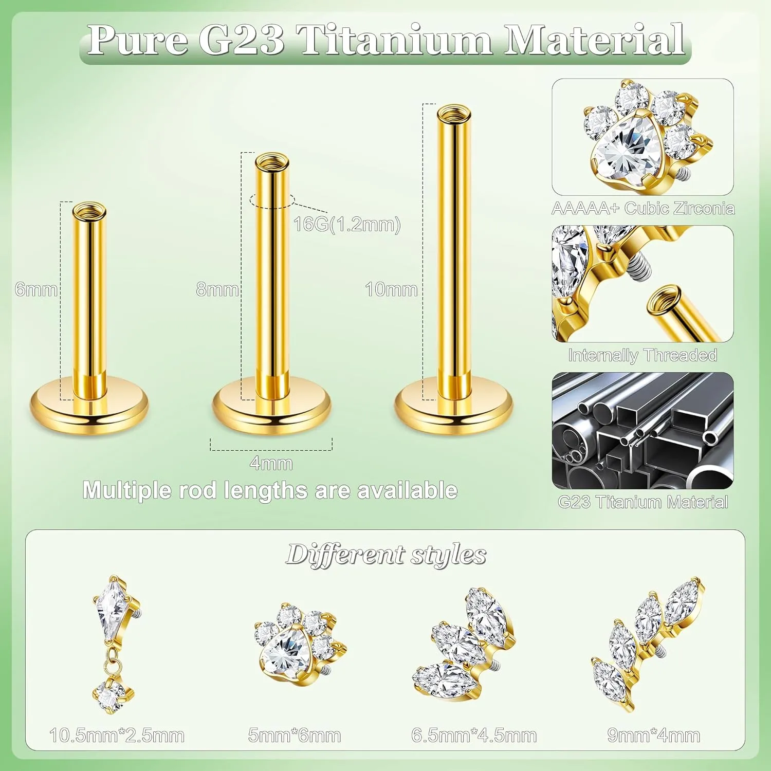 16G G23 Titanium Cartilage Stud Earring for Women Flat Back Conch Tragus Helix Stud Hypoallergenic CZ Lobe Daith Rook Earring Internally Threaded Medusa Labret Monroe Piercing 6-10mm