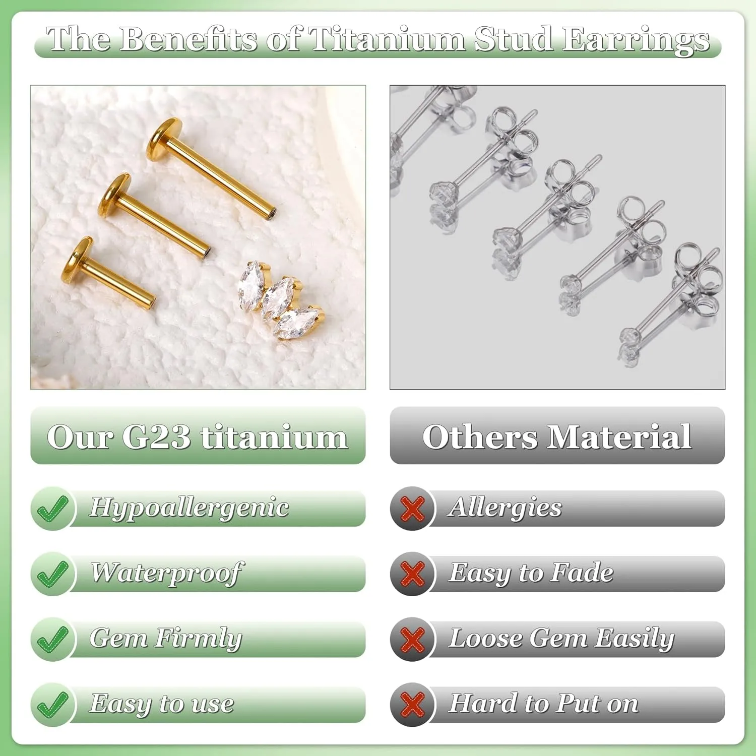 16G G23 Titanium Cartilage Stud Earring for Women Flat Back Conch Tragus Helix Stud Hypoallergenic CZ Lobe Daith Rook Earring Internally Threaded Medusa Labret Monroe Piercing 6-10mm