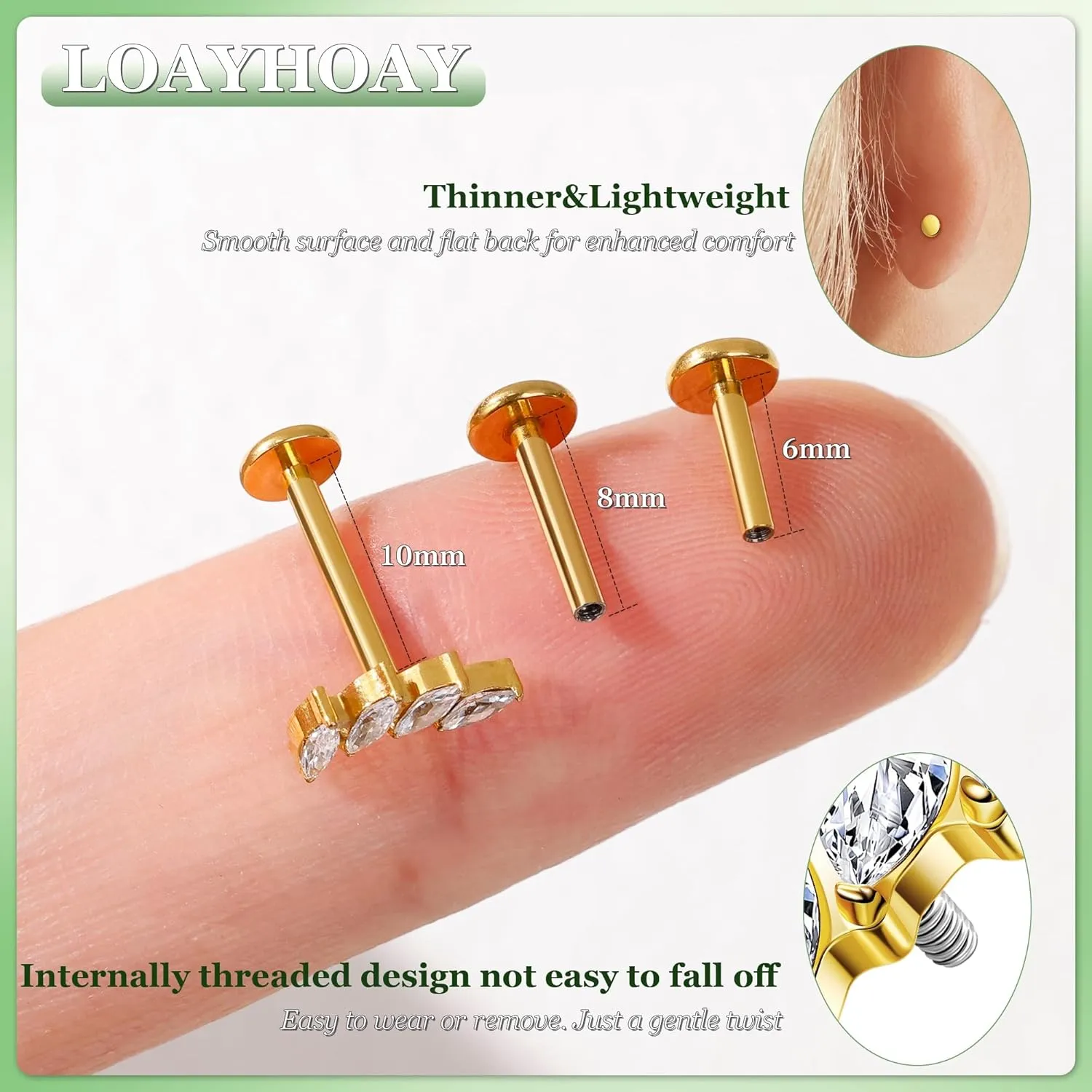 16G G23 Titanium Cartilage Stud Earring for Women Flat Back Conch Tragus Helix Stud Hypoallergenic CZ Lobe Daith Rook Earring Internally Threaded Medusa Labret Monroe Piercing 6-10mm