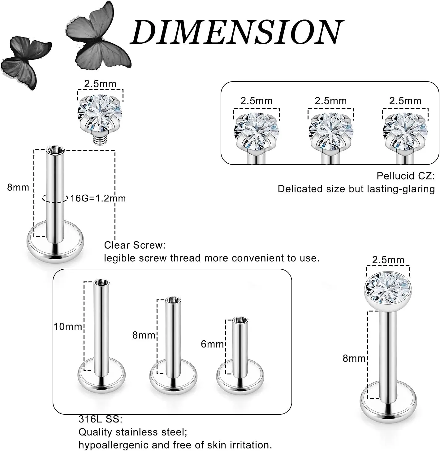16G Lip Rings for Women Stainless Surgical Steel Labret Jewelry Monroe Lip Ring Medusa Piercing Jewelry Tragus Helix Cartilage Forward Earring Piercing Jewelry for Women 6MM 8MM 10MM 6 Pairs