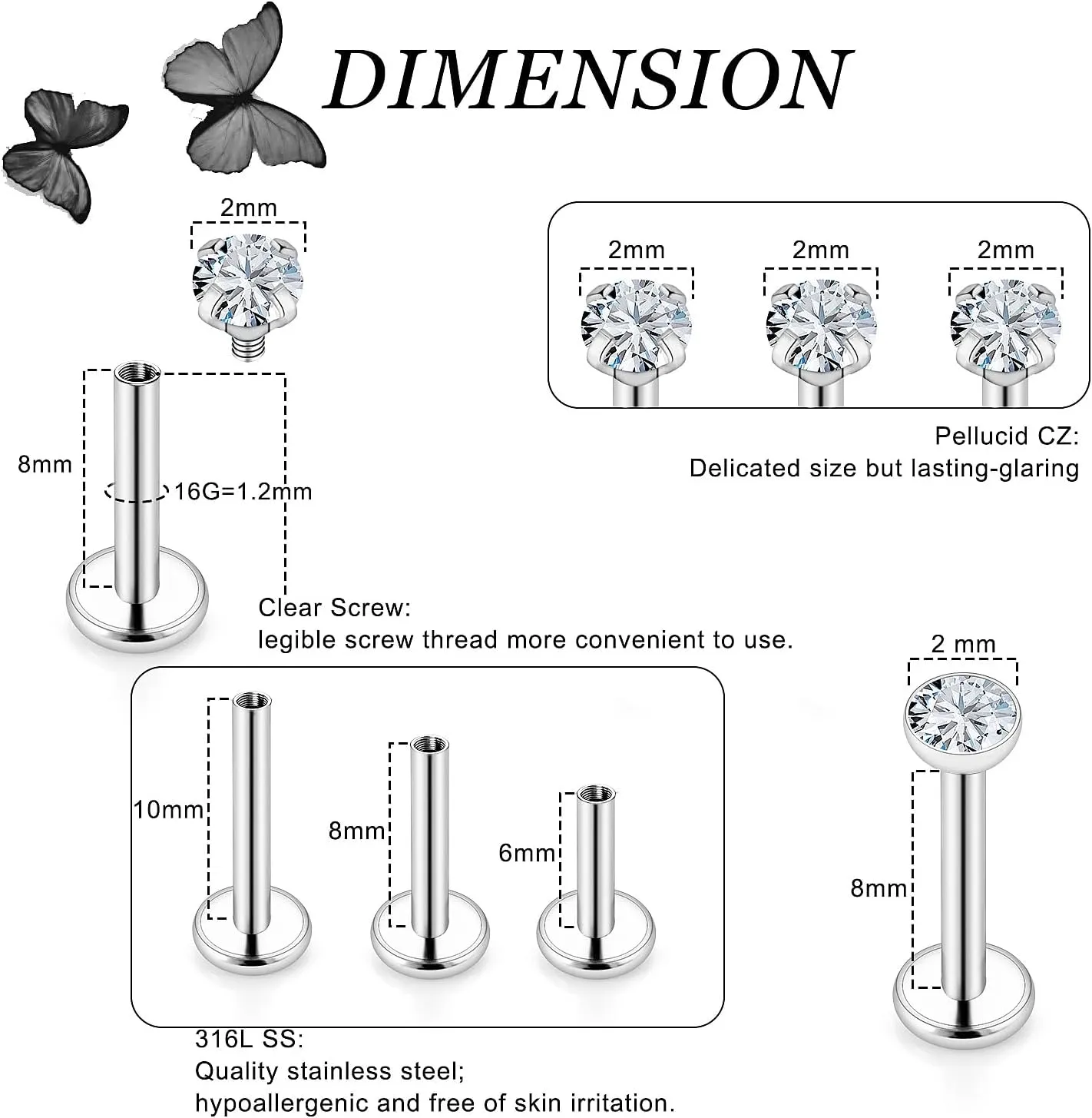 16G Lip Rings for Women Stainless Surgical Steel Labret Jewelry Monroe Lip Ring Medusa Piercing Jewelry Tragus Helix Cartilage Forward Earring Piercing Jewelry for Women 6MM 8MM 10MM 6 Pairs