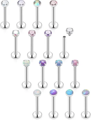 16G Lip Rings for Women Stainless Surgical Steel Labret Jewelry Monroe Lip Ring Medusa Piercing Jewelry Tragus Helix Cartilage Forward Earring Piercing Jewelry for Women CZ Opal Silver 16Pcs