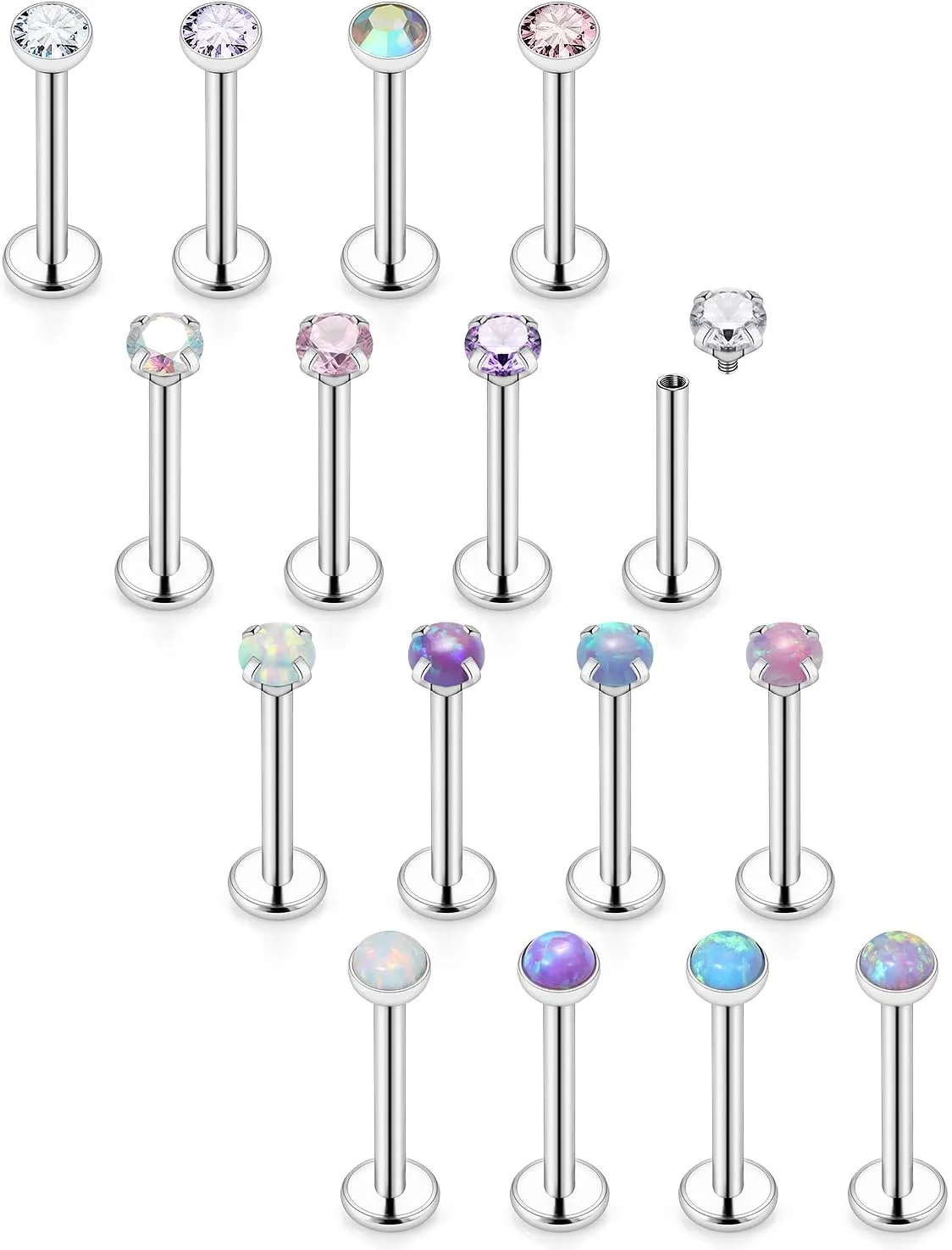 16G Lip Rings for Women Stainless Surgical Steel Labret Jewelry Monroe Lip Ring Medusa Piercing Jewelry Tragus Helix Cartilage Forward Earring Piercing Jewelry for Women CZ Opal Silver 16Pcs