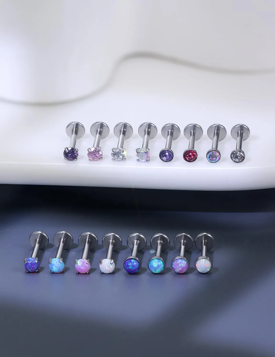 16G Lip Rings for Women Stainless Surgical Steel Labret Jewelry Monroe Lip Ring Medusa Piercing Jewelry Tragus Helix Cartilage Forward Earring Piercing Jewelry for Women CZ Opal Silver 16Pcs