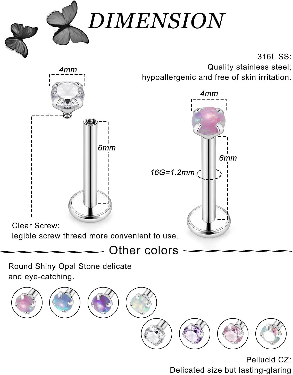 16G Lip Rings for Women Stainless Surgical Steel Labret Jewelry Monroe Lip Ring Medusa Piercing Jewelry Tragus Helix Cartilage Forward Earring Piercing Jewelry for Women CZ Opal Silver 16Pcs