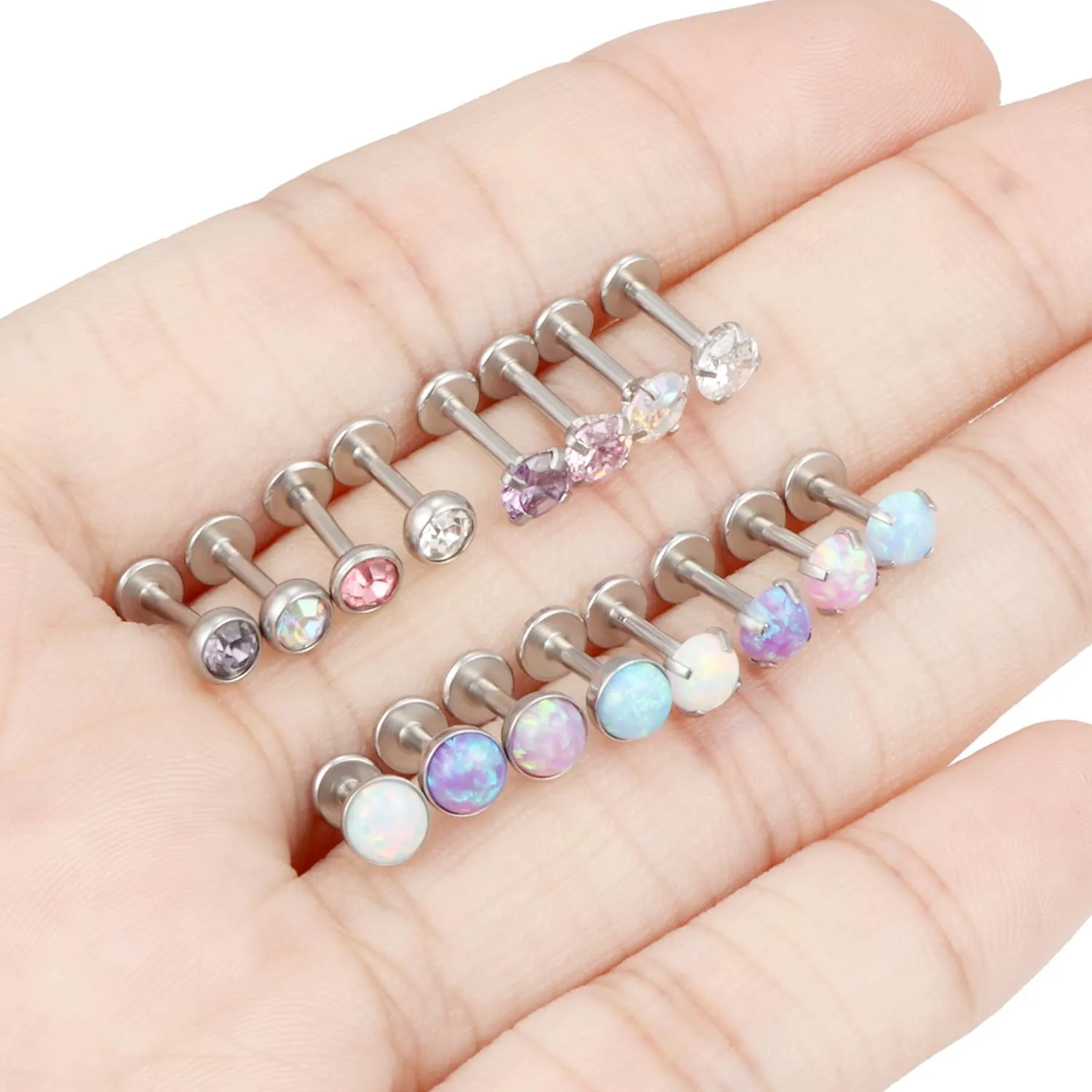 16G Lip Rings for Women Stainless Surgical Steel Labret Jewelry Monroe Lip Ring Medusa Piercing Jewelry Tragus Helix Cartilage Forward Earring Piercing Jewelry for Women CZ Opal Silver 16Pcs