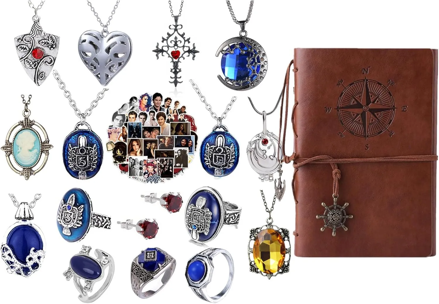 18 Set Replace The Vampire D. Daywalking Katherine Sapphire Crystal Pendant Necklaces Ring Earrings Notebooks Movie Jewelry Set Cosplay
