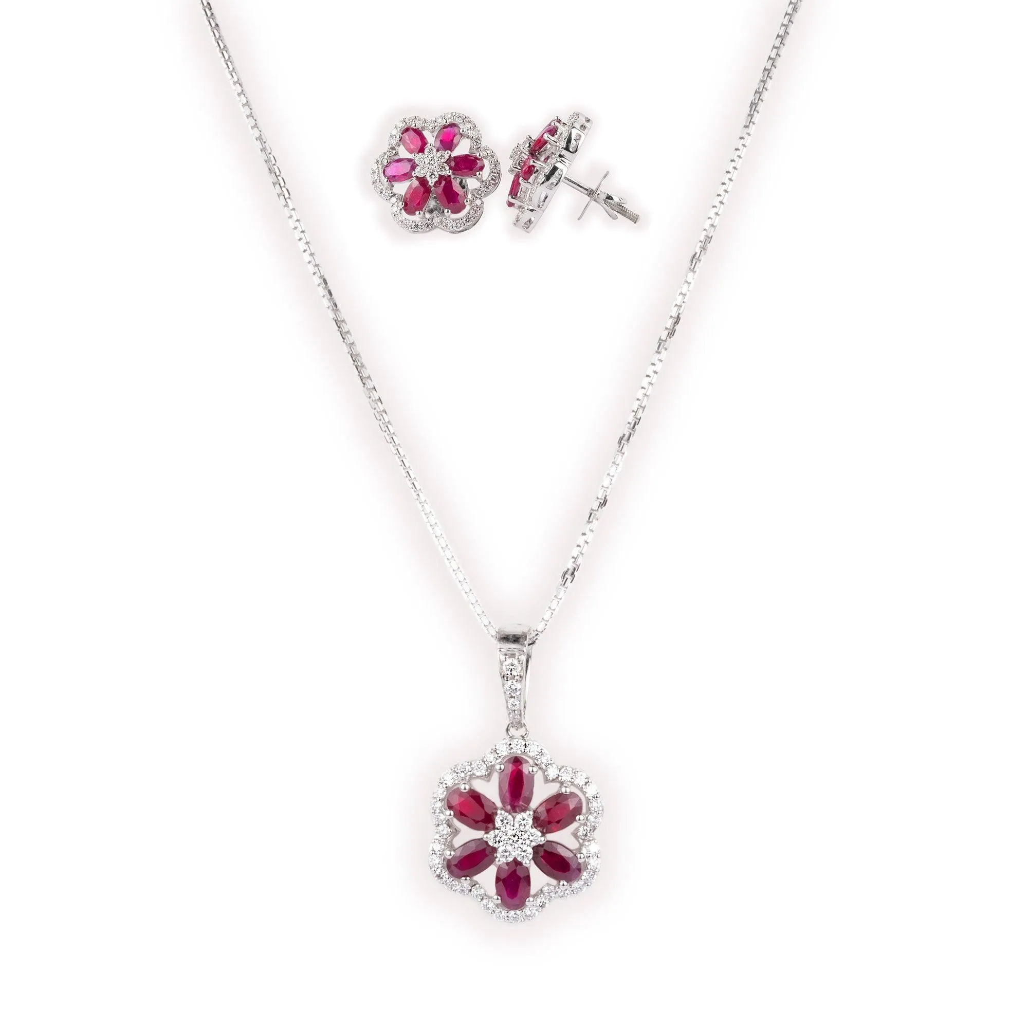 18ct White Gold Diamond & Ruby Chain, Pendant and Earrings Set CH-09548-WW-420 MCS2606 MCS2607