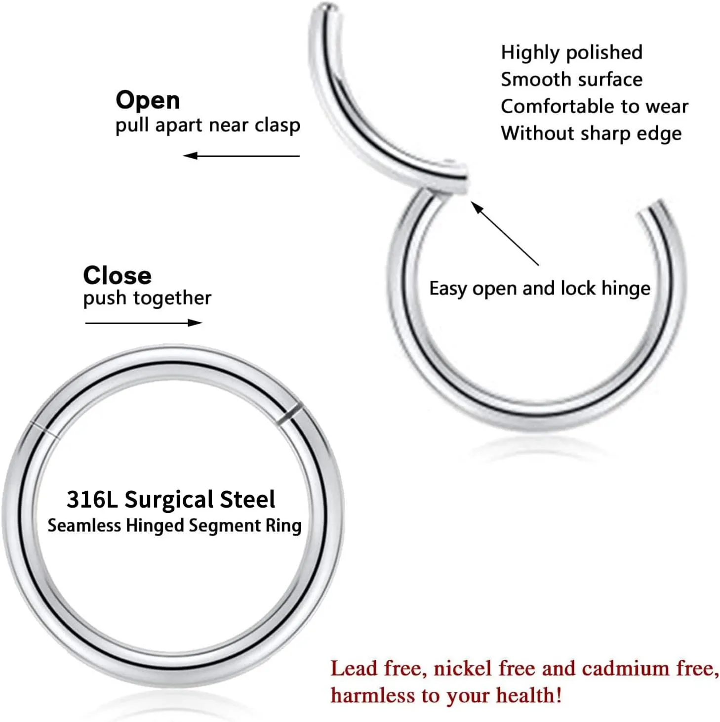 18G Nose Hoop Rings Surgical Steel Hinged Segment Clicker Rings 16G Septum Lip Rings 10 PCS Conch Daith Rook Cartilage Tragus Helix Sleeper Lobe Hoop Earrings Piercing Jewelry for Women 6mm to 16mm