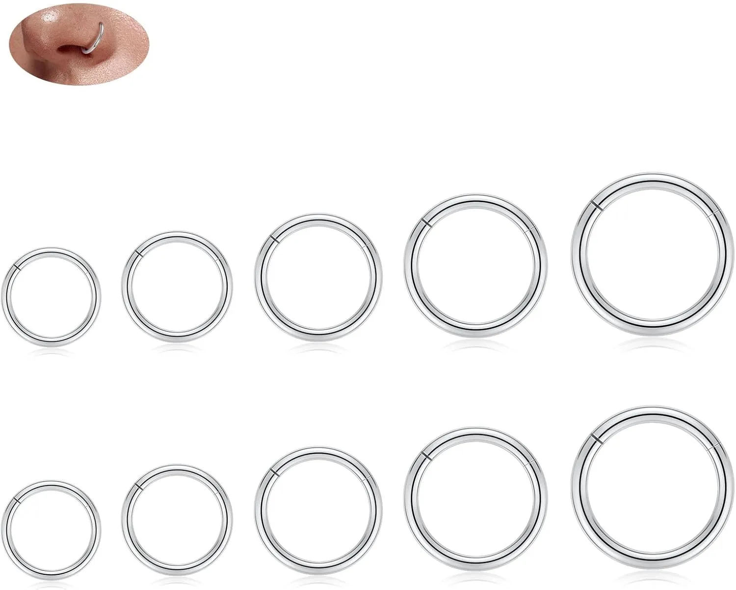 18G Nose Hoop Rings Surgical Steel Hinged Segment Clicker Rings 16G Septum Lip Rings 10 PCS Conch Daith Rook Cartilage Tragus Helix Sleeper Lobe Hoop Earrings Piercing Jewelry for Women 6mm to 16mm