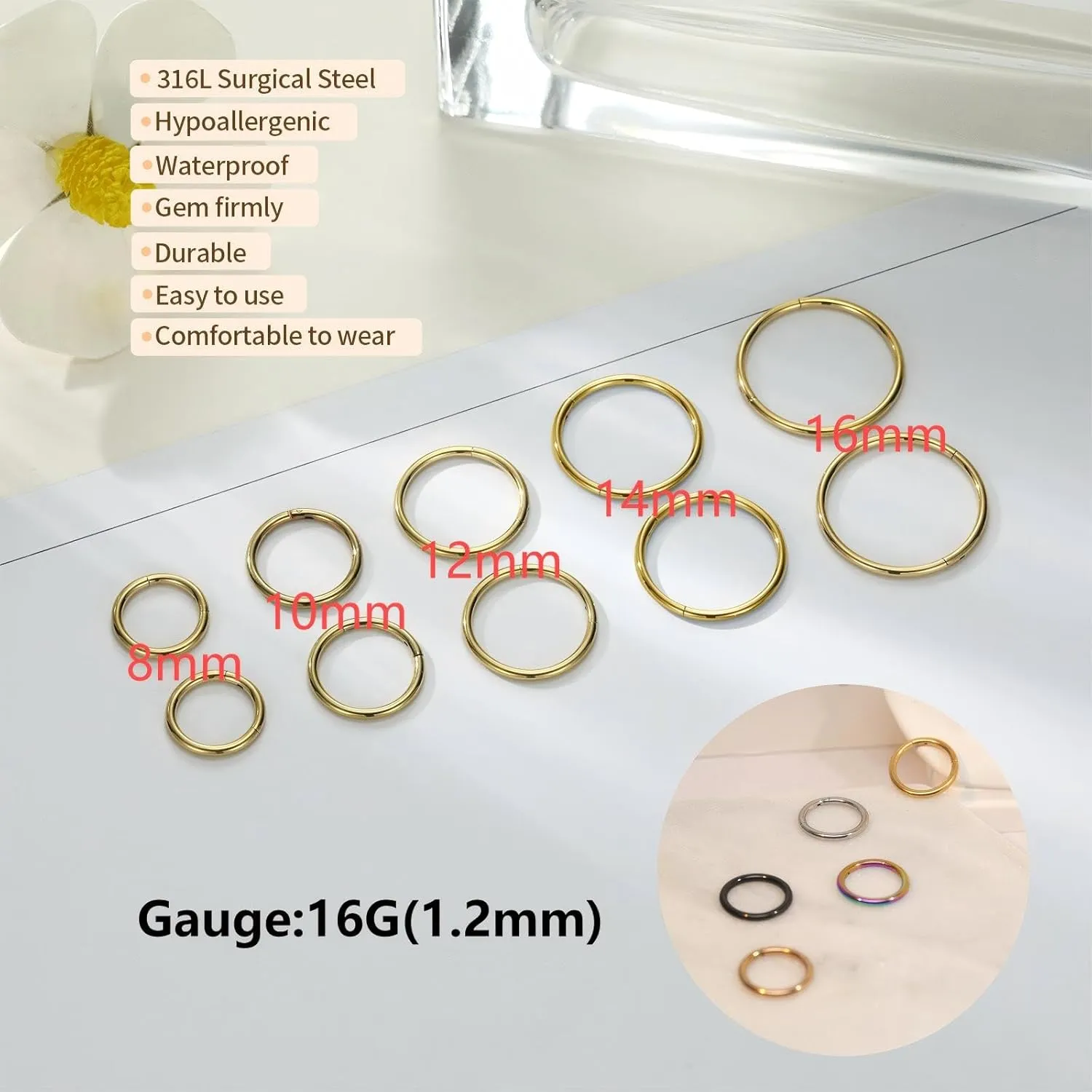 18G Nose Hoop Rings Surgical Steel Hinged Segment Clicker Rings 16G Septum Lip Rings 10 PCS Conch Daith Rook Cartilage Tragus Helix Sleeper Lobe Hoop Earrings Piercing Jewelry for Women 6mm to 16mm