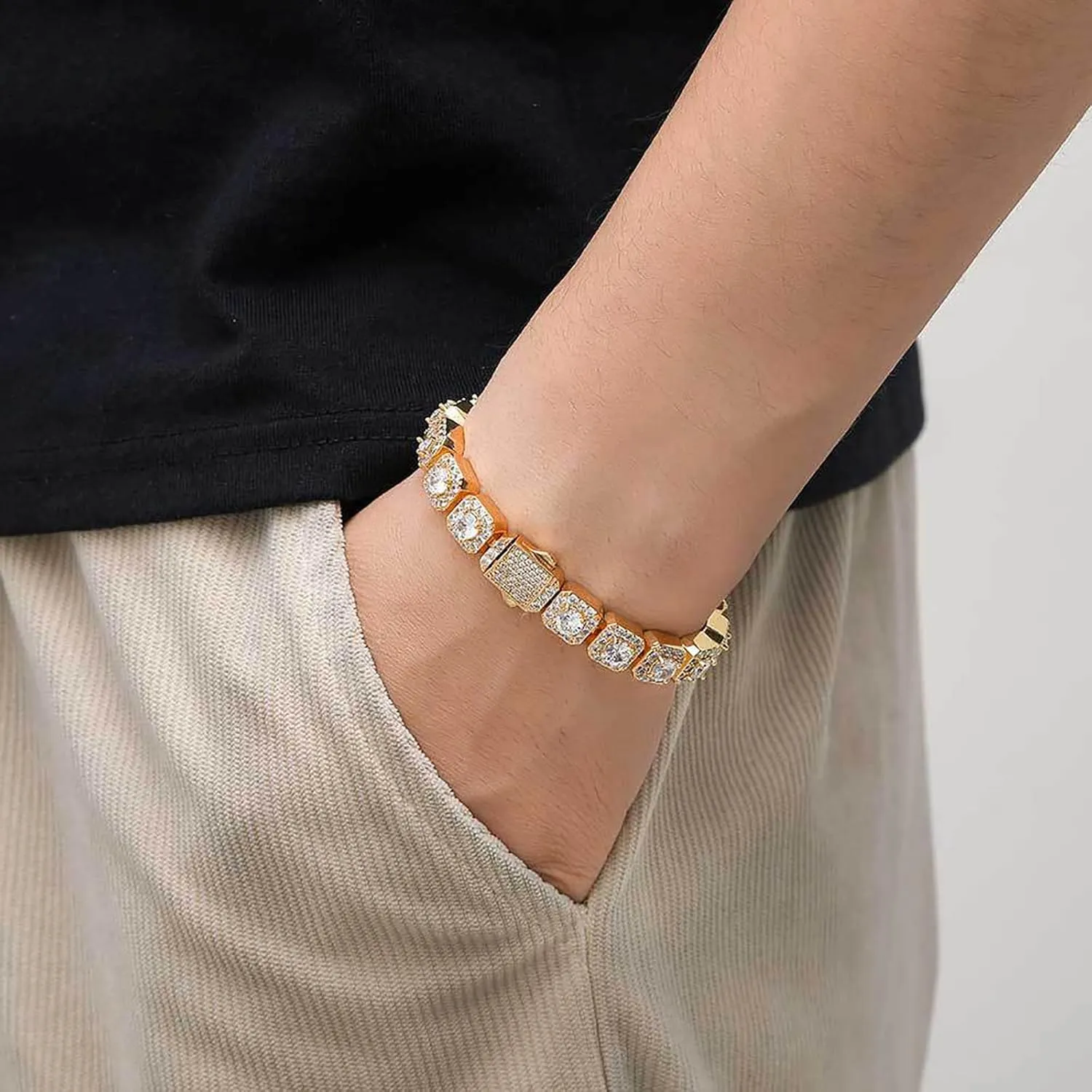 18K Gold Moissanite Baguette Tennis Bracelet for Men, Luxury Bezel Set Round Cut Moissanite, Fine Jewelry Gift