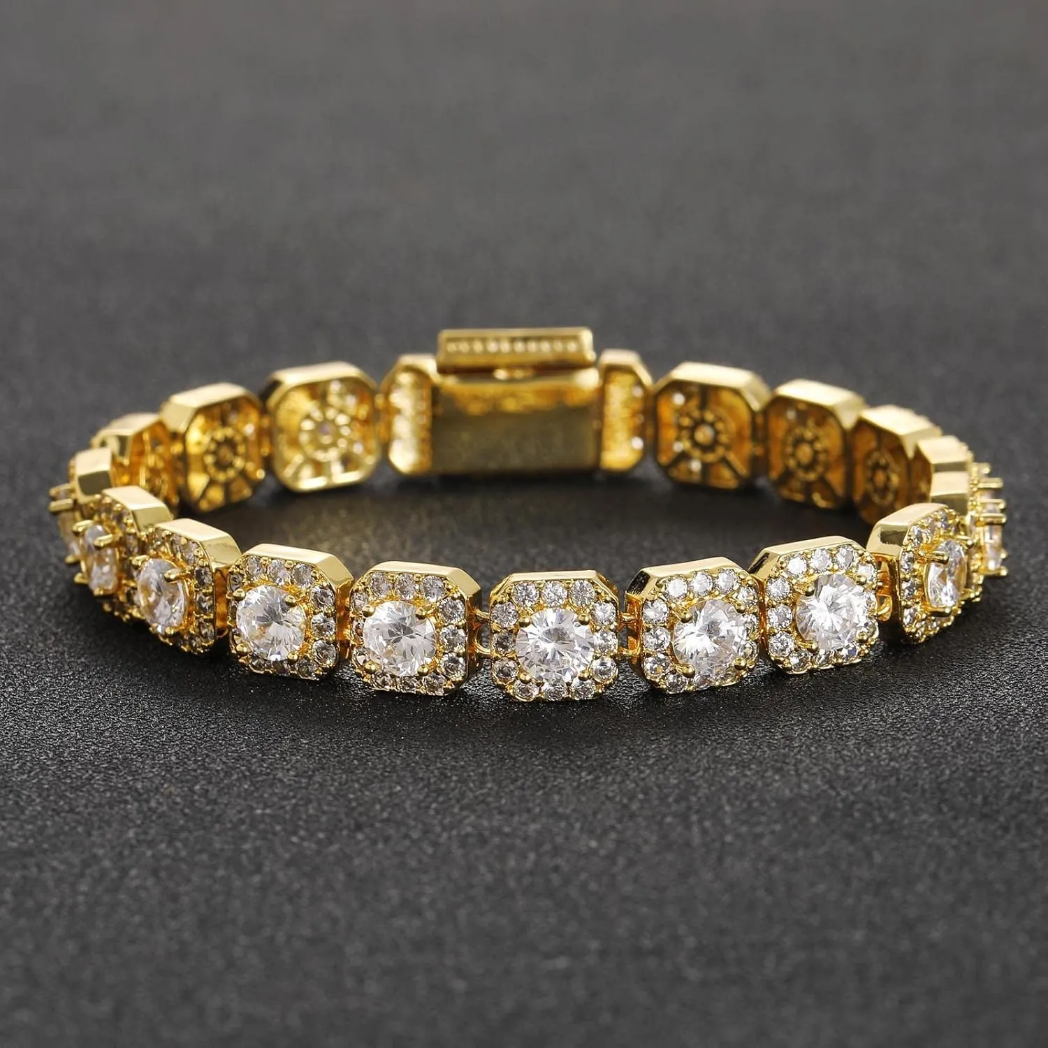 18K Gold Moissanite Baguette Tennis Bracelet for Men, Luxury Bezel Set Round Cut Moissanite, Fine Jewelry Gift