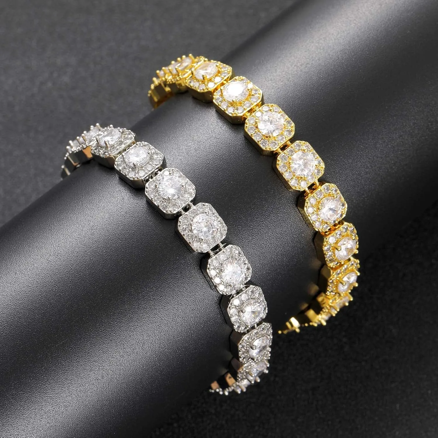 18K Gold Moissanite Baguette Tennis Bracelet for Men, Luxury Bezel Set Round Cut Moissanite, Fine Jewelry Gift