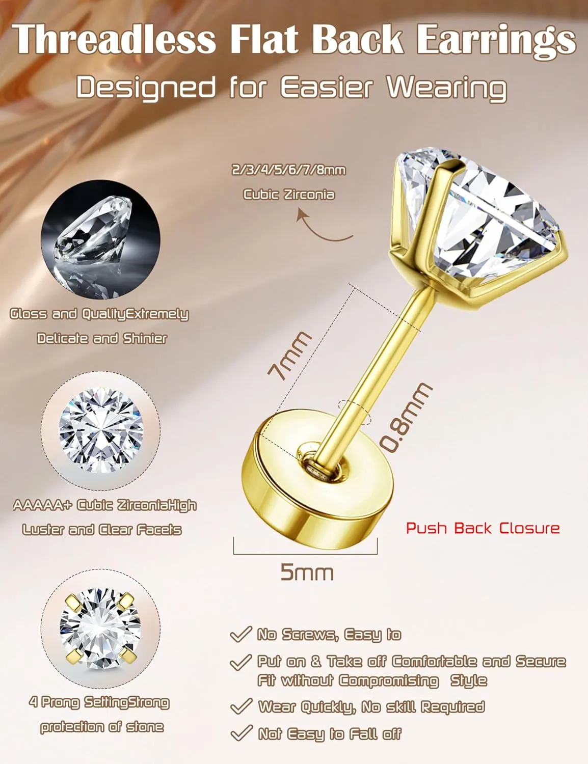 18K Gold Plated 5A Cubic Zirconia Threadless Flat Back Earrings - Surgical Stainless Steel Simulated Diamond Studs for Women & Men - Dainty Push Pin Cartilage Earrings - Hypoallergenic