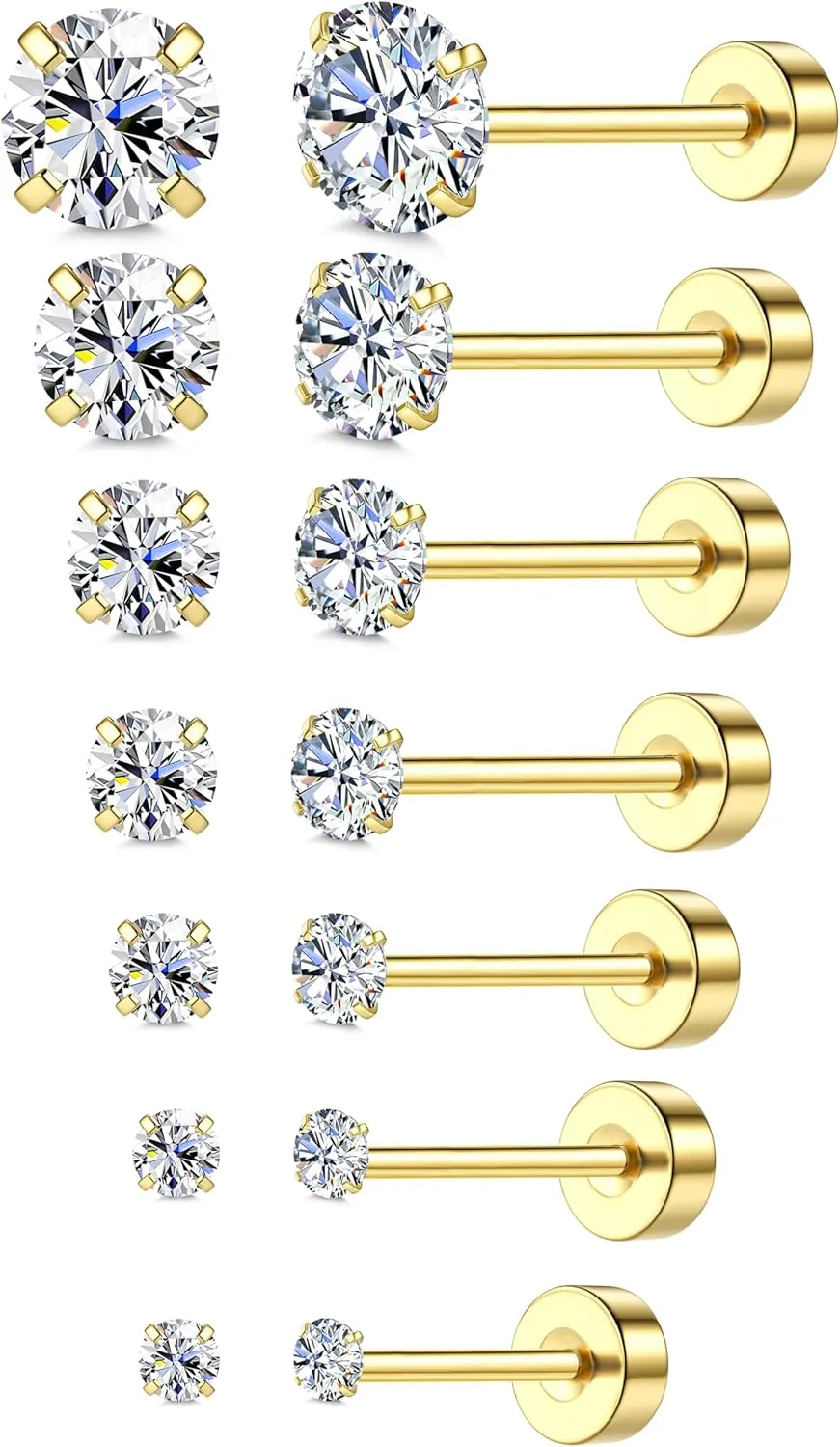 18K Gold Plated 5A Cubic Zirconia Threadless Flat Back Earrings - Surgical Stainless Steel Simulated Diamond Studs for Women & Men - Dainty Push Pin Cartilage Earrings - Hypoallergenic