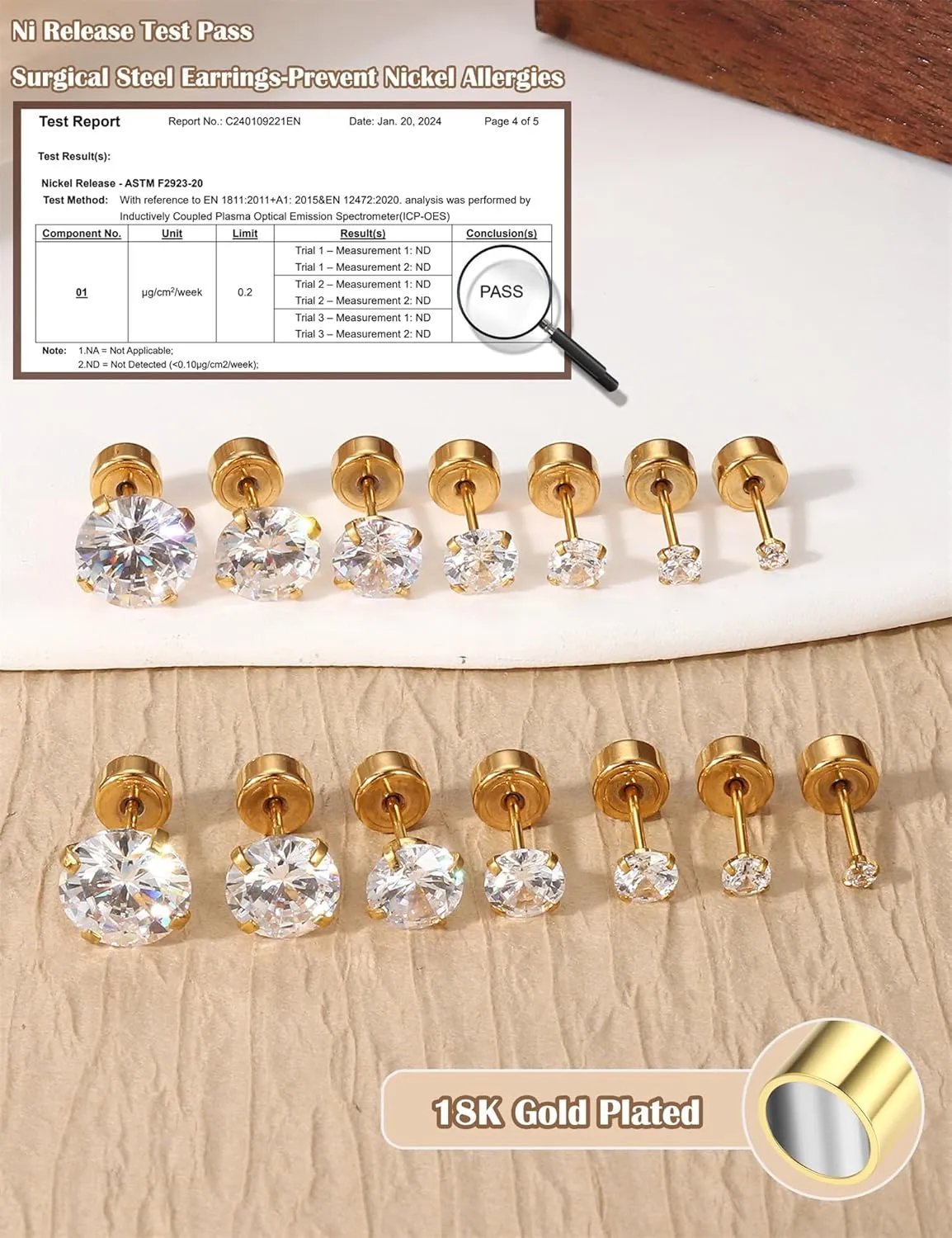 18K Gold Plated 5A Cubic Zirconia Threadless Flat Back Earrings - Surgical Stainless Steel Simulated Diamond Studs for Women & Men - Dainty Push Pin Cartilage Earrings - Hypoallergenic