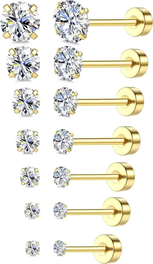18K Gold Plated 5A Cubic Zirconia Threadless Flat Back Earrings - Surgical Stainless Steel Simulated Diamond Studs for Women & Men - Dainty Push Pin Cartilage Earrings - Hypoallergenic