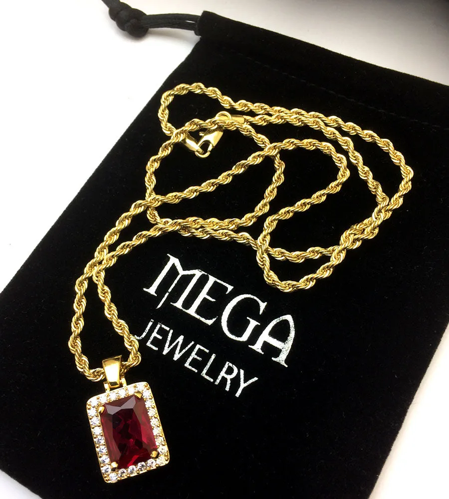 18k Gold Plated CZ Framed Ruby Pendant With 4mm Rope Chain 24 Inches Long