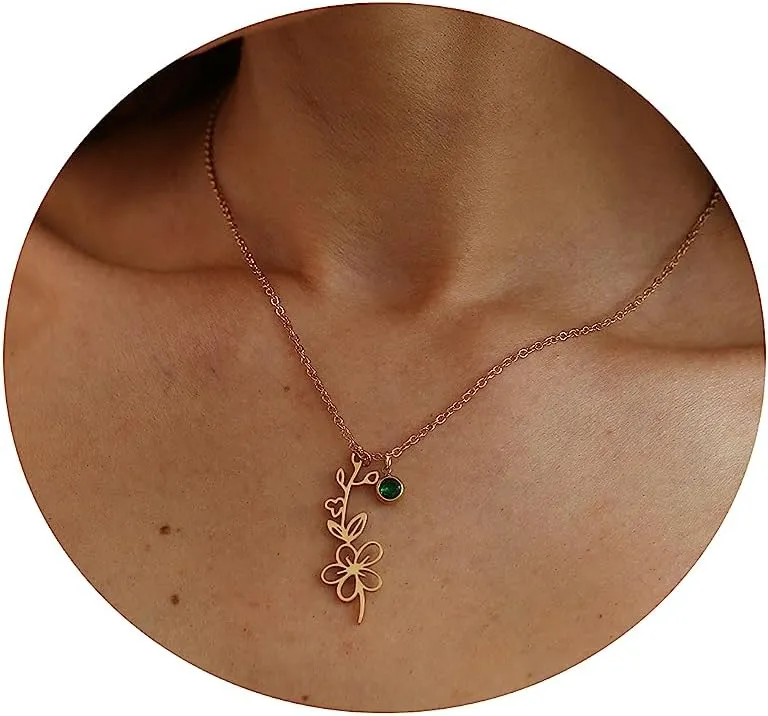 18K Gold Plated Dainty Birth Flower Necklace for Women Minimalist Birth Month Birthstone Necklaces Flower Mothers Day Bridesmaid Christmas Jewelry