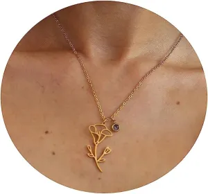 18K Gold Plated Dainty Birth Flower Necklace for Women Minimalist Birth Month Birthstone Necklaces Flower Mothers Day Bridesmaid Christmas Jewelry