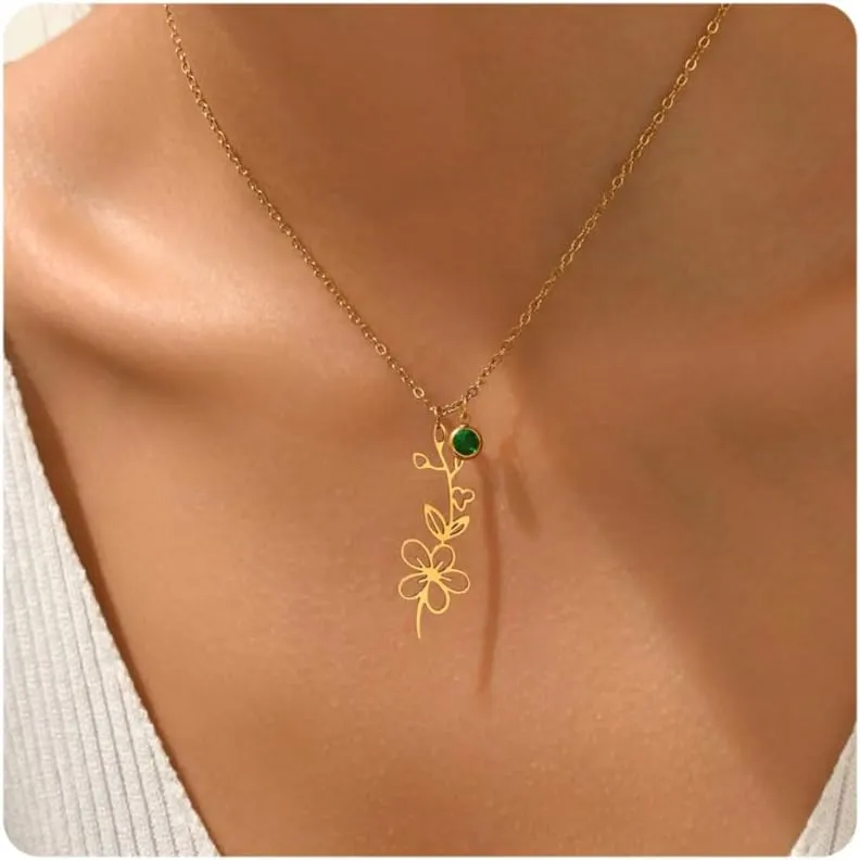 18K Gold Plated Dainty Birth Flower Necklace for Women Minimalist Birth Month Birthstone Necklaces Flower Mothers Day Bridesmaid Christmas Jewelry