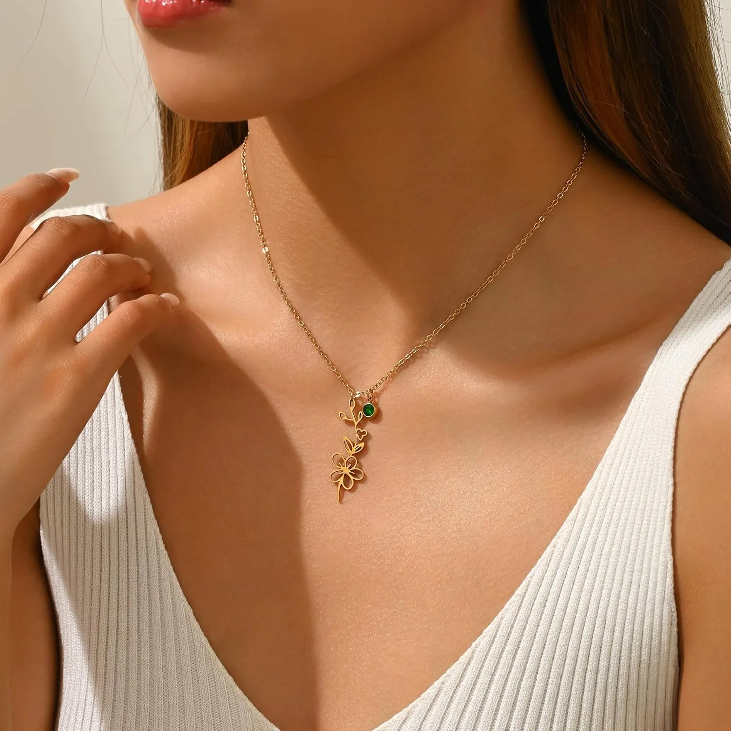 18K Gold Plated Dainty Birth Flower Necklace for Women Minimalist Birth Month Birthstone Necklaces Flower Mothers Day Bridesmaid Christmas Jewelry