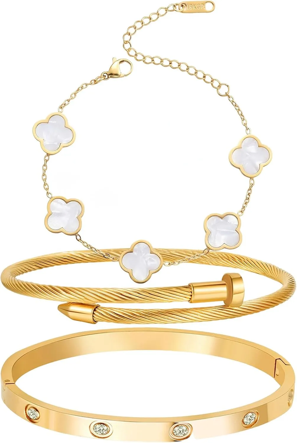18K Gold Plated Four Leaf Clover Bracelet Bangle Set for Women Stack Bracelets Stainless Steel Bangle Set for Love Trendy Jewelry Gifts for Women (3 Sets(Bracelet,2Bangle))