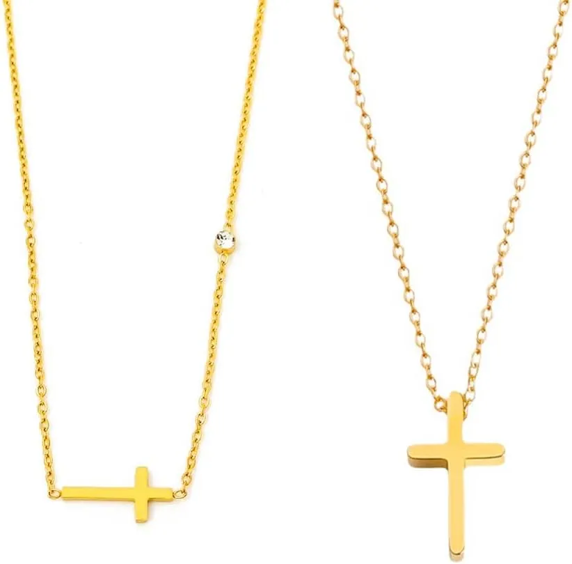 18K Gold Plated Stainless Steel Necklace For Women Chunky Cuban Chain Trendy Dainty Simple Cross Heart Pendant Chain Choker Necklace Non Tarnish Jewelry