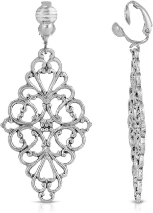 1928 Jewelry Diamond Symmetrical Filigree Drop Clip On Earrings, Vintage Baroque Style Motifs, Non Piercing Ear Rings, Pierceless Snap On Made In USA, Silver